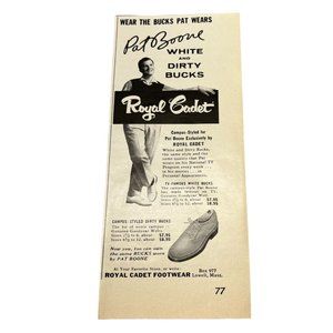Vintage 1958 Print Ad Pat Boone Royal Cadet Shoes White and Dirty Bucks